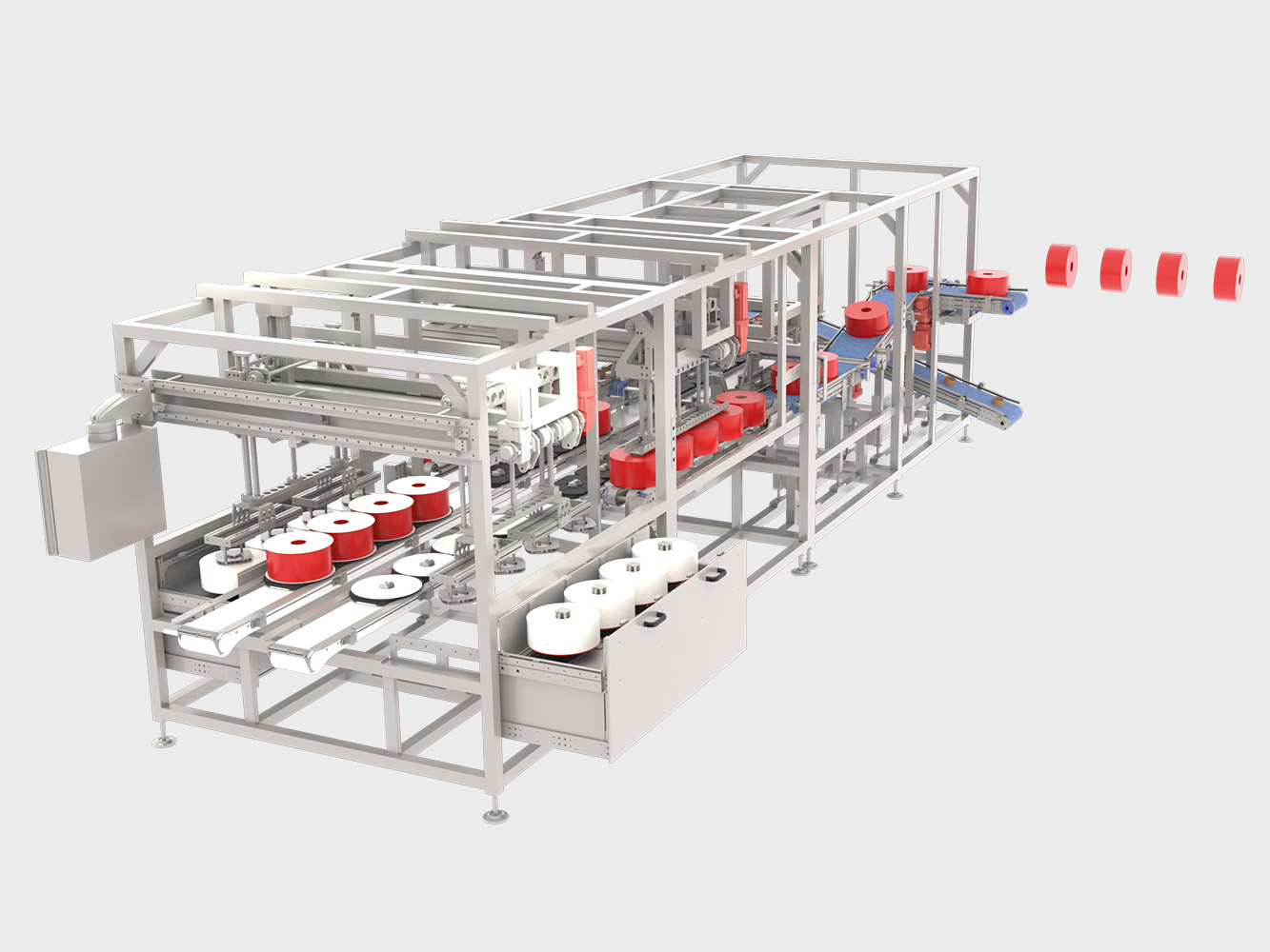 Packaging line for taping rolls